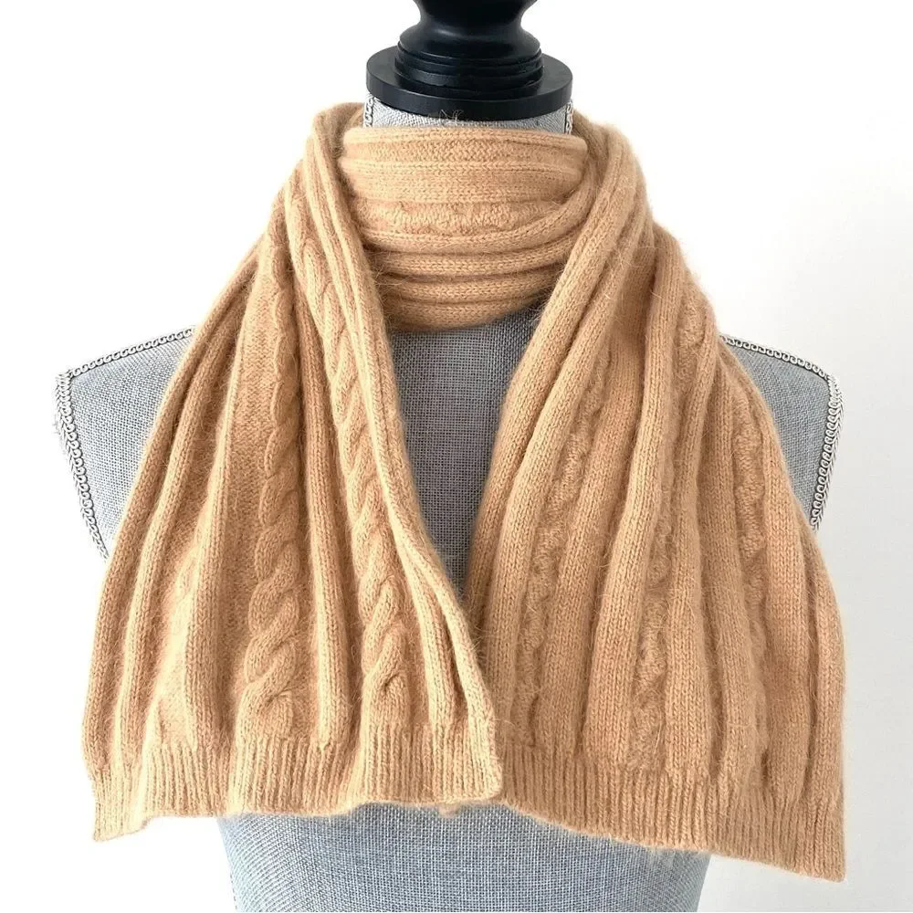 Tan Cashmere Cable Knit Scarf 47” long Luxurious Rich Feminine Elegant Preppy